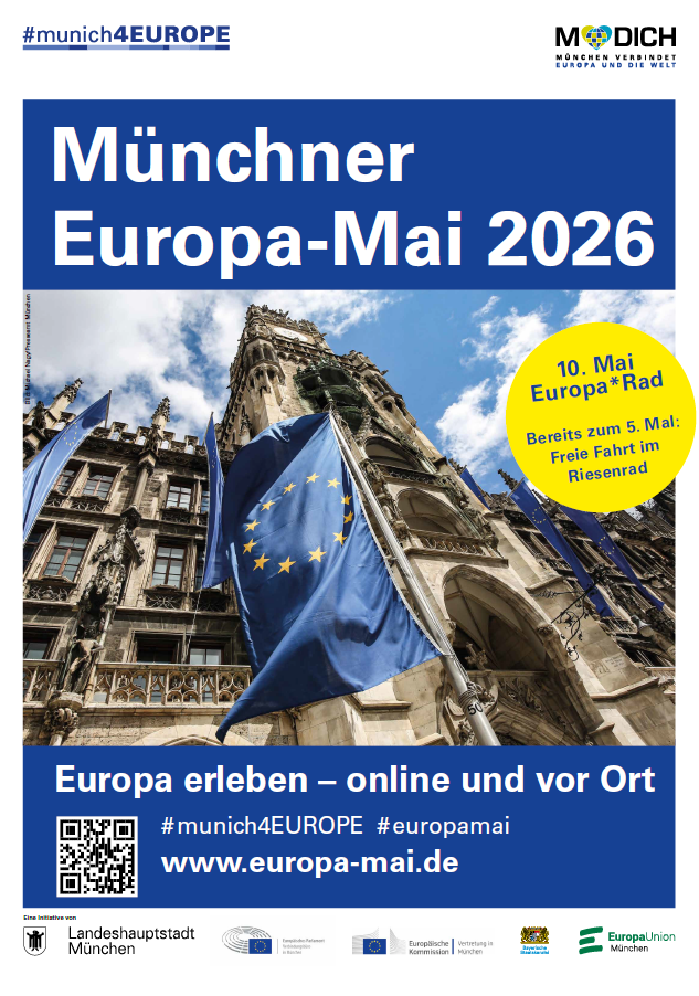 Plakat des Europa-Mai mit Münchner Rathaus und Europafahne in den Farben gelb-blau