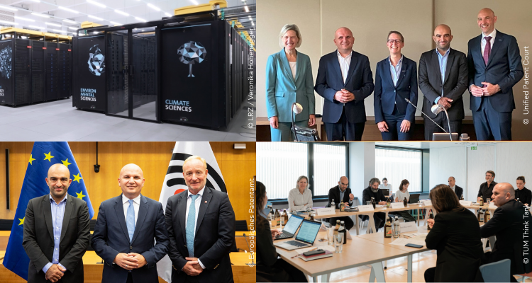 Collage aus vier Fotos mit Supercomputer, Diskussionsrunde und Gruppenaufnahmen bei den Besuchen.