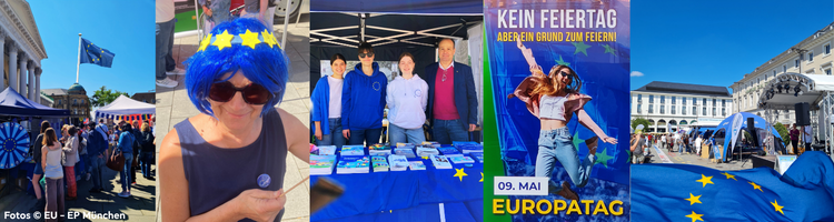Bunte Collage vom Marktplatz in Karlsruhe mit Infostand-Team, viel EU gelb-blau auf Fahnen und als Perrücke