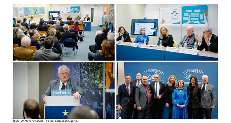 Collage von Podium, Zuschauersaal und Rednern
