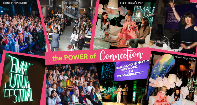 Bunte Collage aus Zuschauerinnen, Panelteilnehmerinnen, Bühne und Schriftzügen zum Female Future Festival in München