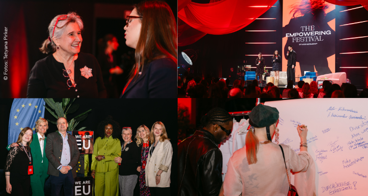 Collage mit Wünscheliste, Bühne, Europaabgeordneter Noichl und Teamfoto.